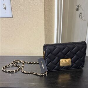 Bebe Quilted Black and Gold Crossbody Bag